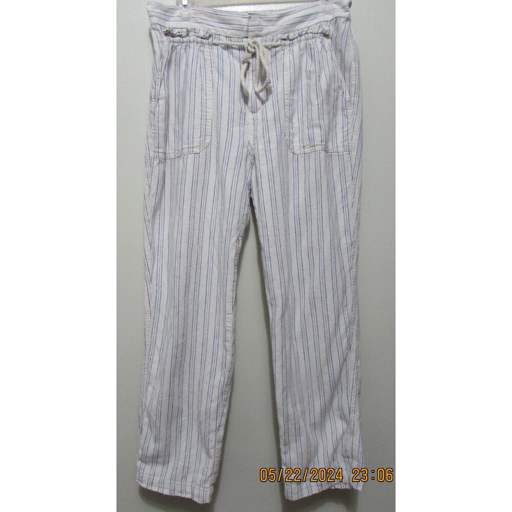 ANTHROPOLOGIE COTTON LINEN BLEND ELASTIC WAIST PANTS ROPE BELT BLUE WHITE SIZE M